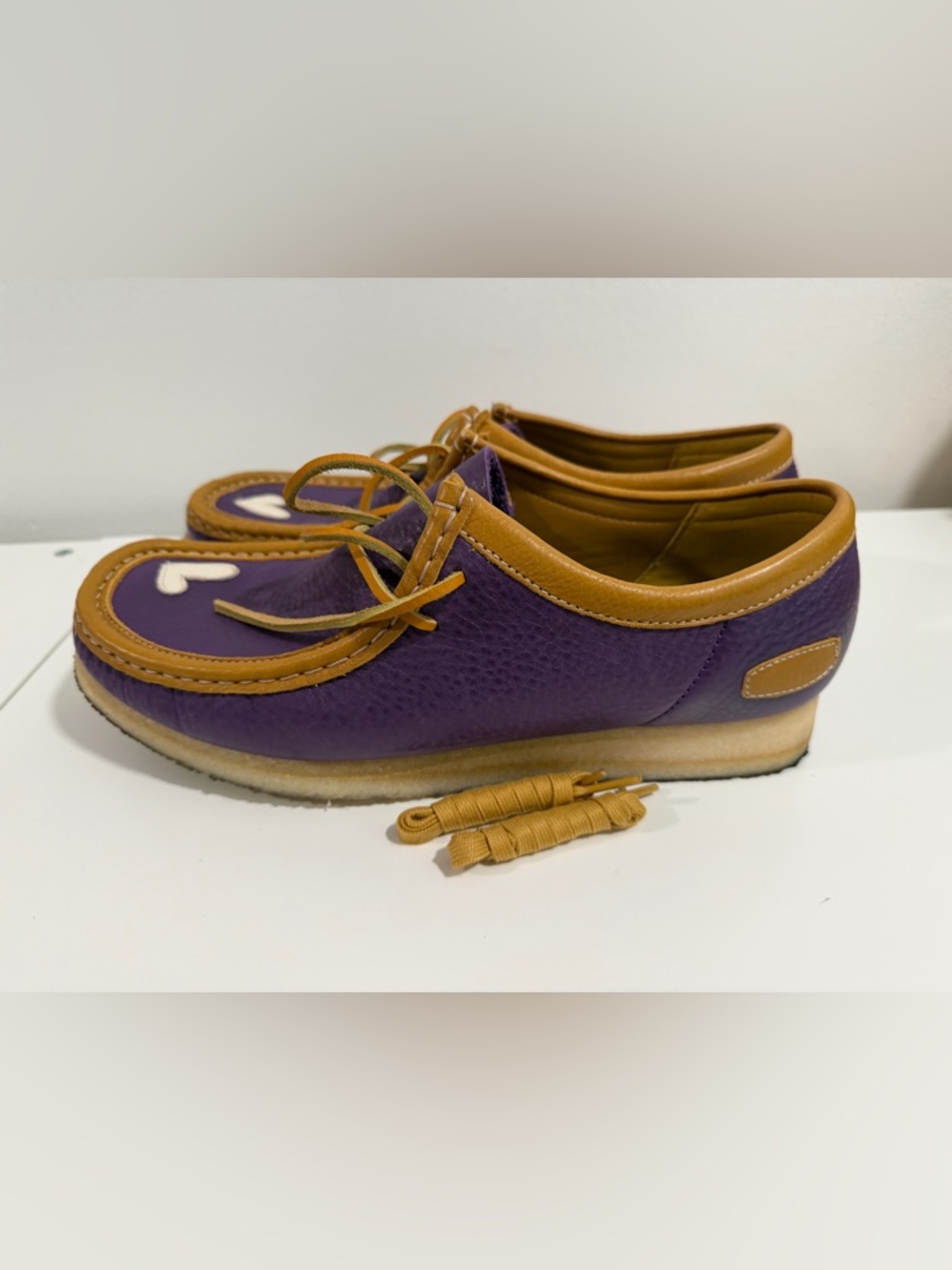 Clarks Wallabee x claim a seat Purple and Tan Leather Moccasins with Lace Detail